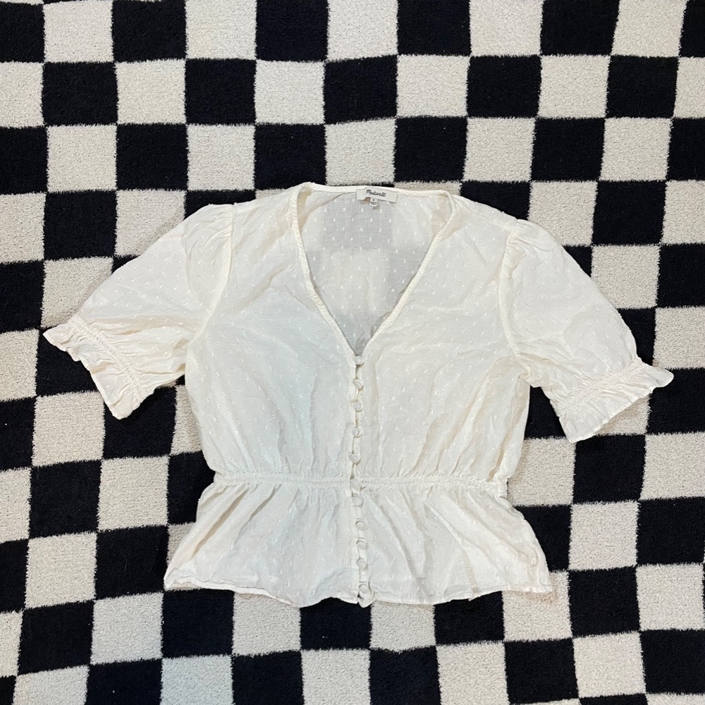 madewell v-neck peplum popover top dot size s white pre-owned